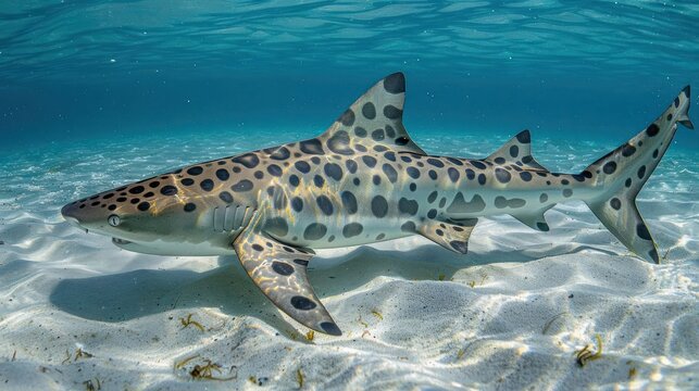 A graceful leopard shark swimming through clear turquoise waters, surrounded by sandy ocean floor