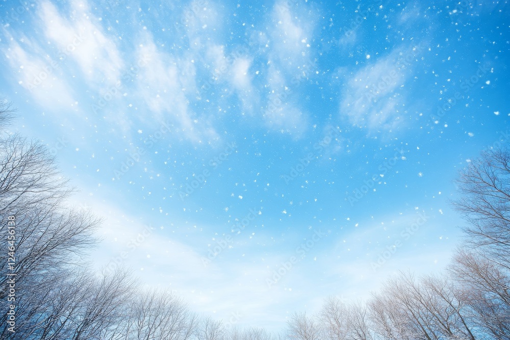 Poster delicate snowflakes drift downwards in a pale blue sky, enhancing the tranquil winter landscape with