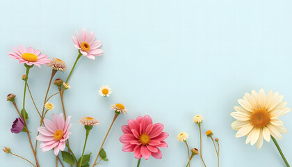 Fototapeta premium Colorful bouquet of flowers on soft blue background for decoration and nature concept