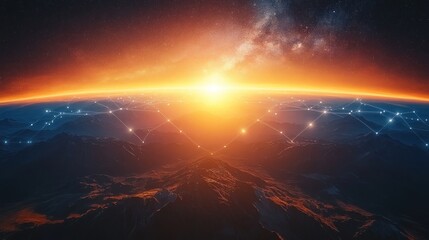 Sunrise over Earth with glowing network connections.