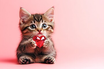Obraz premium Cute havana brown kitty with diamond red heart - sign of love, funny greeting card. Marketing drawing. Havana brown - my preferred cat. Valentine's animal portrait. Love-inspired animal photo.