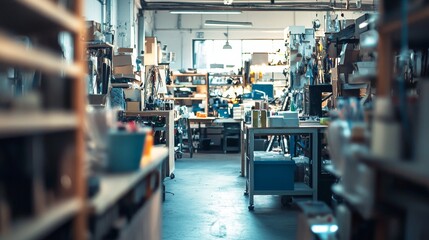 Spacious industrial workshop with tools and organized workbenches