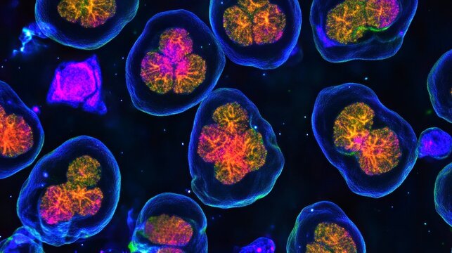 Brightly colored immune stem cells actively dividing in a microscopic environment vibrant science viewpoint