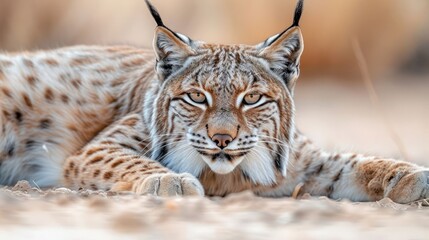 Obraz premium Close-up of a lynx resting on the ground, showcasing its striking features and fur texture