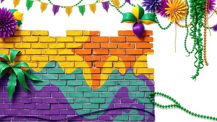 Fototapeta premium Colorful and Cheerful Mardi Gras Brick Wall Decorated for Celebration