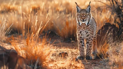 Printed roller blinds Majestic lynx standing confidently in a sunlit field with golden grasses and distant hills