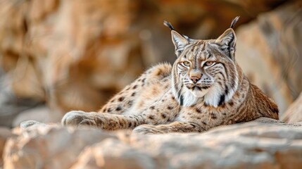 Naklejka premium Majestic lynx resting on rocky terrain with blurred natural background, showcasing its beauty
