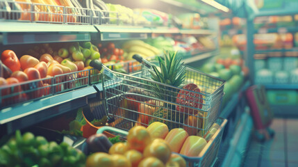 Healthy grocery shopping shot in cinematic style, emphasizing interactions, highly detailed and vibrant, realistic yet creative depiction, emphasizing context and action