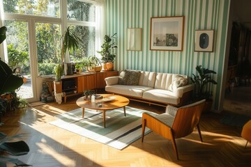 Fototapeta premium mid-century modern living room with herringbone oak flooring, mint green striped wallpaper, and warm afternoon light streaming through tall windows
