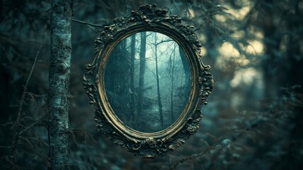 Enchanted mirror reflecting ghostly vision mysterious forest digital art mysterious atmosphere captivating perspective