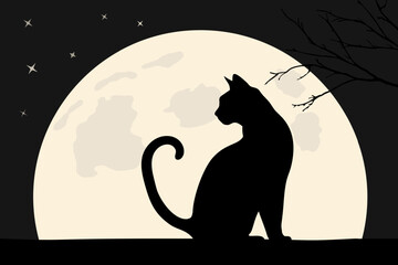 Black Silhouette of a Sitting Cat Beside the Moon in a Tranquil Night Sky