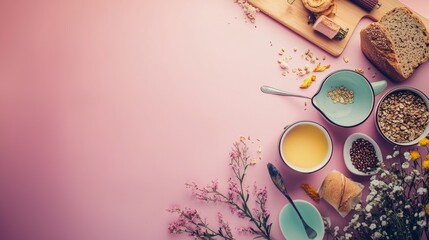 Flat-lay of vibrant breakfast bowls with fresh ingredients