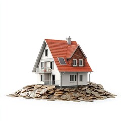 House model atop coins symbolizing real estate investment, showcasing financial growth and stability, isolated against a clean white backdrop