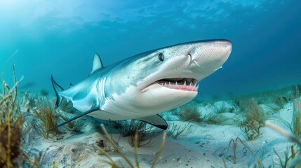 Fototapeta premium Underwater view of a shark swimming over sandy ocean floor with sea grass in background