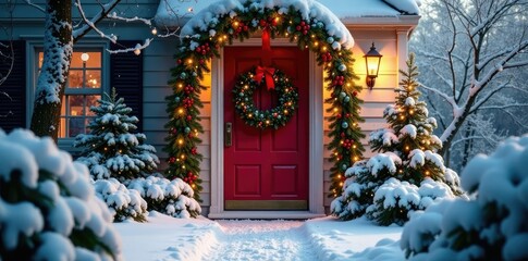 Fototapeta premium Snow-covered entrance with a festive wreath and garland, , holly