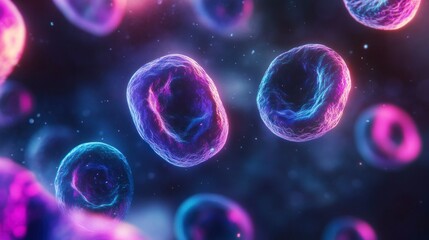Fluorescent stained stem cells observed under a microscope scientific research laboratory close-up view biology study
