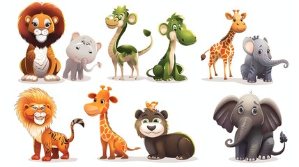 Obraz premium A collection of cartoon animals, including lions, giraffes, elephants, and a monkey, drawn in a cute style.