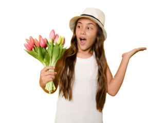 Portrait of beautiful child girl holding flowers isolated over transparent background. PNG transparent