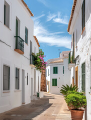 Fototapeta premium Charming street in a Mediterranean village with whitewashed buildings and vibrant flowers on a sunny day
