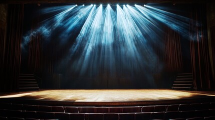 Theatrical stage illuminated by dramatic spotlight beams