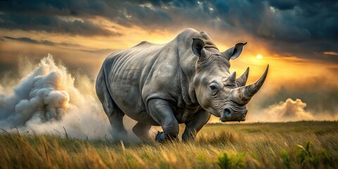 Obraz premium Wildlife photo: Charging white rhino, dust storm.