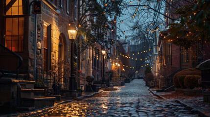 Fototapeta premium Historical Capitol Hill, with gas lamps lighting cobblestone paths