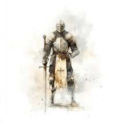 Fototapeta premium Medieval Knight Illustration, hand-drawn depiction of a knight in armor, historical detail, muted colors, isolated on white background