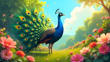 Obraz premium Majestic Peacock in a Blooming Garden Paradise