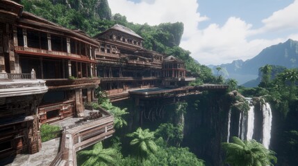 Fototapeta premium Tropical Cliffside Resort Paradise Waterfall View