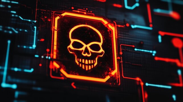 Glowing warning icon on a digital LCD screen with reflection, representing cybersecurity threats like malware, ransomware, data breaches, hacking, and spyware, requiring urgent attention