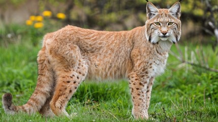 Obraz premium Majestic lynx stands gracefully in a lush green field with vibrant flowers in the background