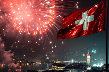 Swiss flag illuminated by fireworks on Confederation Day