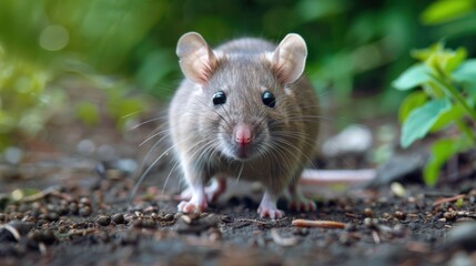 Close-up of a curious mouse exploring the forest floor, surrounded by lush greenery and soft light