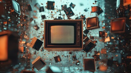 Fototapeta premium Abstract TV screen surrounded by floating cubes and glowing lights