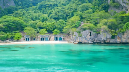 Tropical Island Cove with Turquoise Waters and Stone Structures