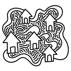 Houses connecting with doodle inside. Simple illustration. Hand drawn doodle for sticker, postcard, wallpaper, mural, fabric, prints, etc