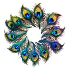 Obraz premium A vibrant peacock feather arrangement forming a circular pattern, rich colors and details, on a clean white background