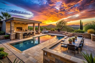 Fototapeta premium Stunning AI photo of an Arizona desert outdoor kitchen, pool deck.