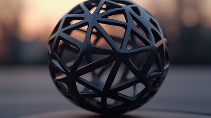 A 3D rendering of a black sphere with a geometric pattern.