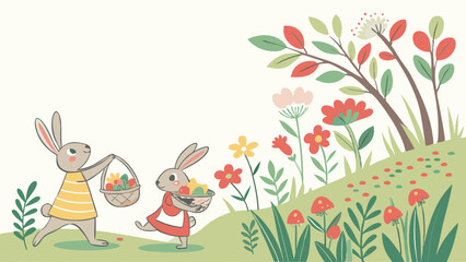 Fototapeta premium Watercolor Playful Bunnies Amid Vibrant Spring Flowers, Easter Joy with Copy Space
