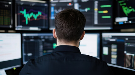 Working on e commerce analytics, man analyzes data on multiple screens. environment is focused and tech driven, showcasing modern analytics tools