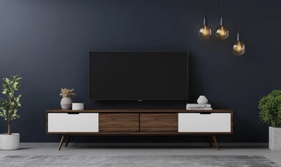 Contemporary living room design featuring a sleek wooden cabinet.