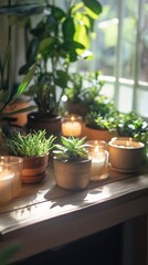 Sunlit indoor plants and candles on wooden table creating cozy ambiance