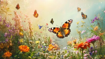 Colorful butterflies fluttering among vibrant wildflowers in sunlit meadow