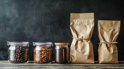 Rustic pantry jars and packaging on dark countertop