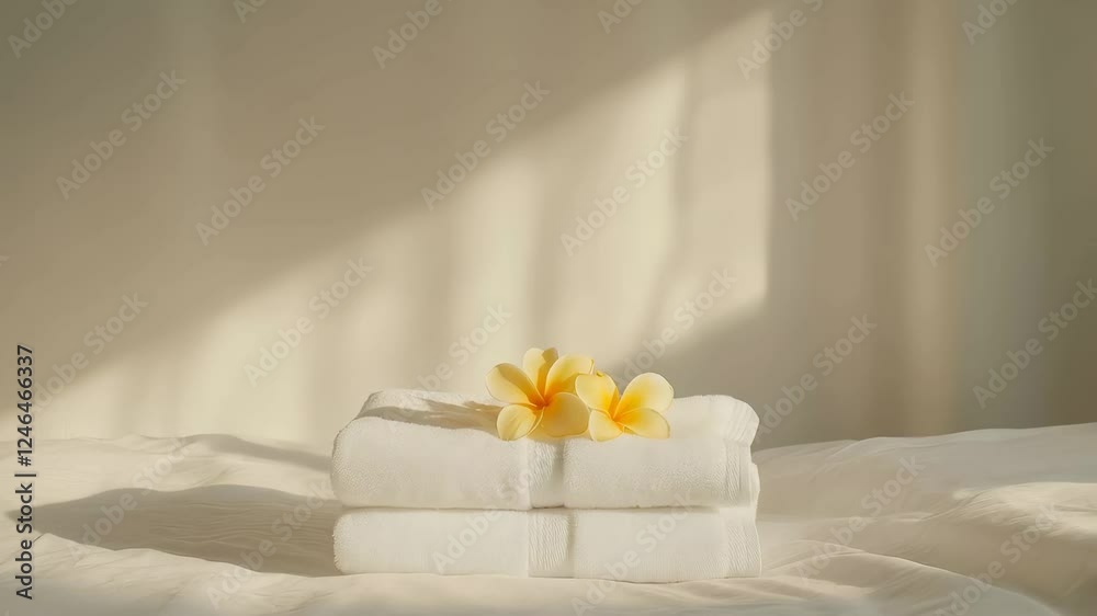 Poster sunlight illuminates white towels adorned with delicate frangipani flowers, creating a serene ambian
