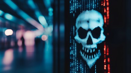 Glowing warning icon on a digital LCD screen with reflection, representing cybersecurity threats like malware, ransomware, data breaches, hacking, and spyware, requiring urgent attention