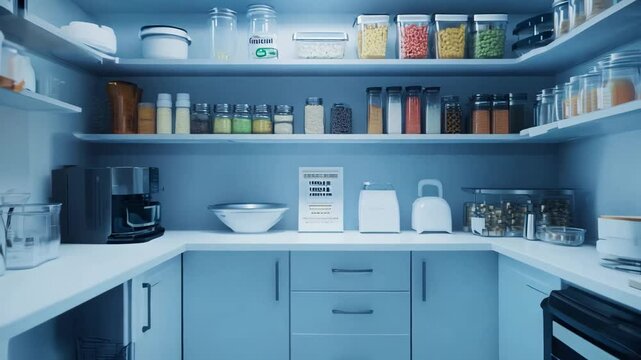 A sleek and modern pantry featuring neatly arranged shelves stocked with glass jars, containers, and kitchen essentials. The clean, minimalist design emphasizes organization, efficiency, and a clutter