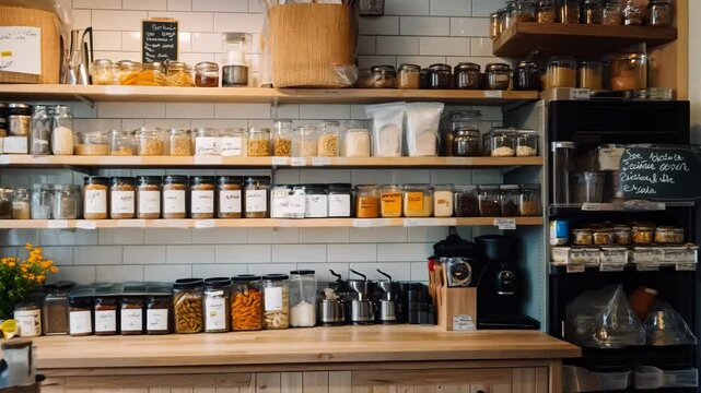 A beautifully arranged pantry with wooden shelves lined with glass jars filled with grains, spices, and dry goods. The warm, rustic setting and neatly labeled containers create a cozy and sustainable 