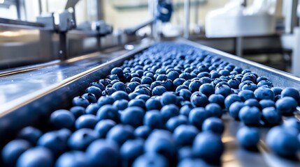 Fototapeta premium Blueberry move along a conveyor belt in a food processing plant industry